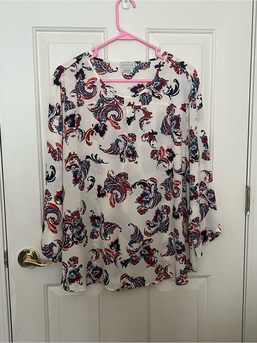 Van Heusen White Paisley-Print Long Sleeve Blouse with Red & Blue Accents